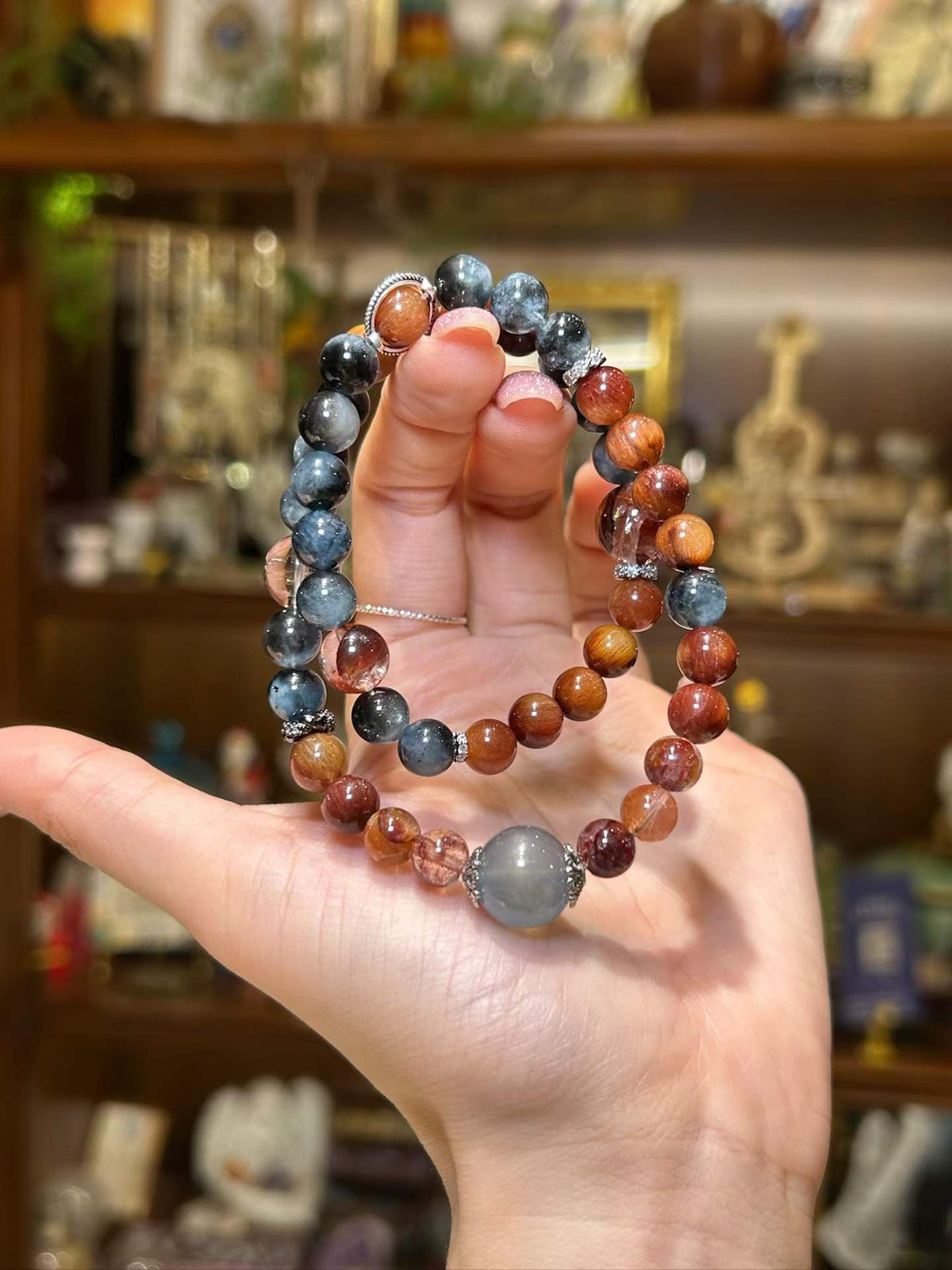 Quiet Strength · Aquamarine, Black Flash Stone & Red Rabbit Hair Quartz Double Wrap Bracelet