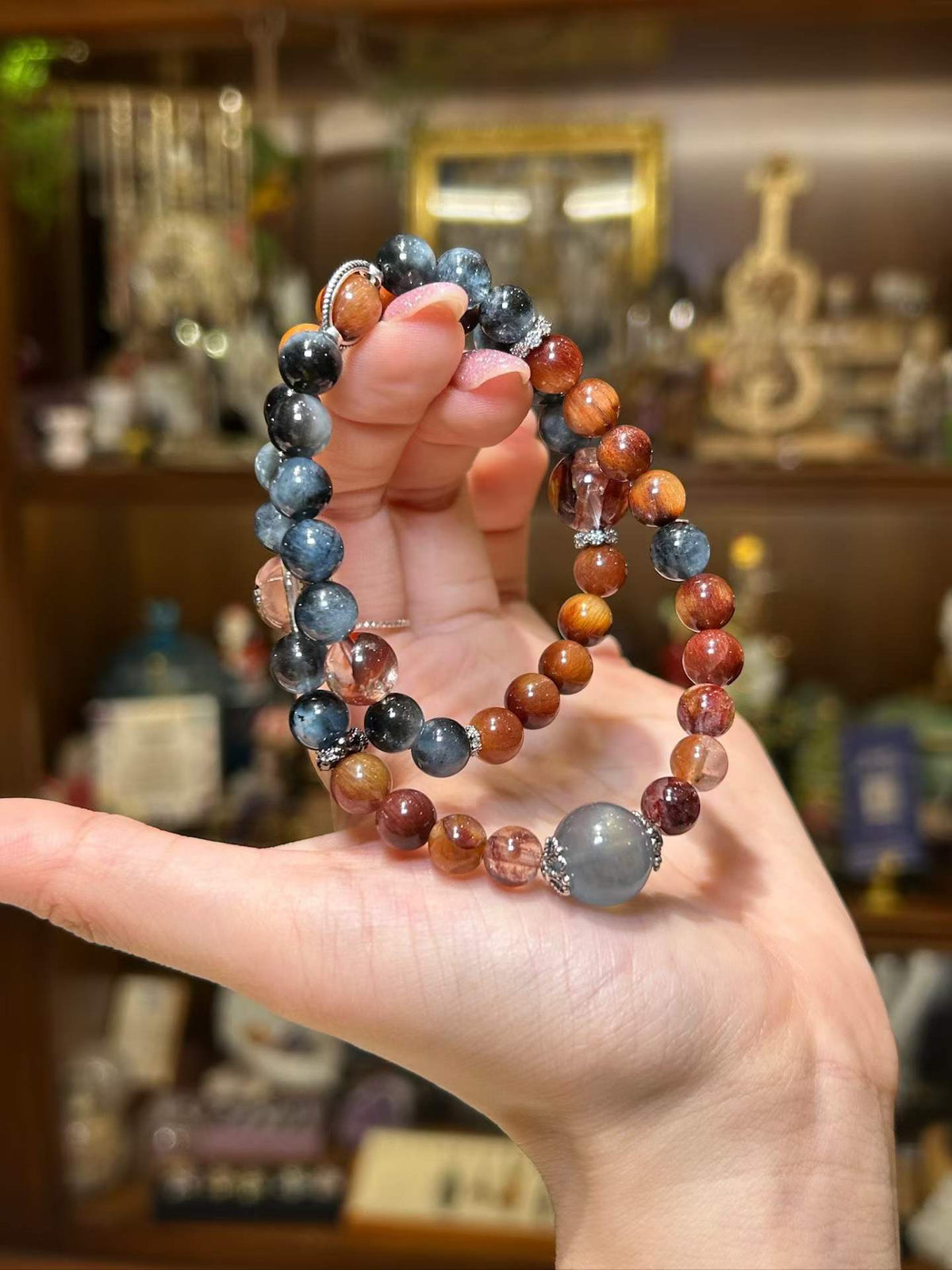 Quiet Strength · Aquamarine, Black Flash Stone & Red Rabbit Hair Quartz Double Wrap Bracelet