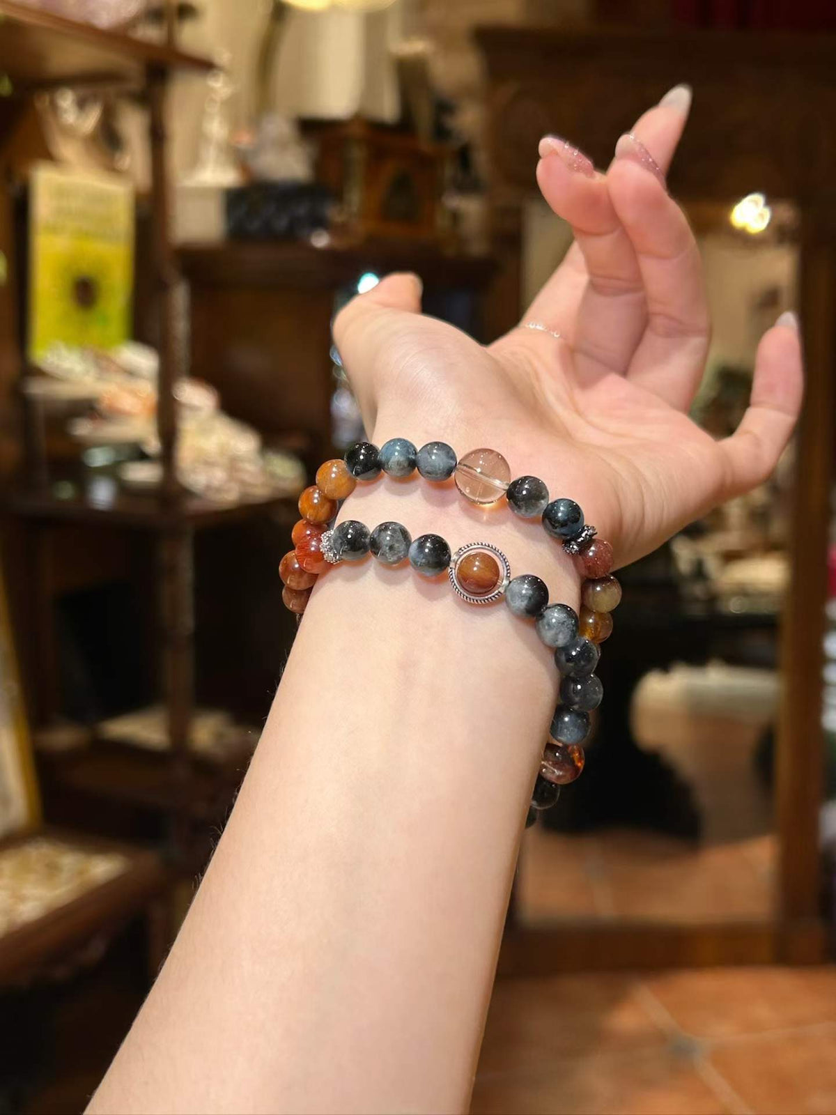 Quiet Strength · Aquamarine, Black Flash Stone & Red Rabbit Hair Quartz Double Wrap Bracelet