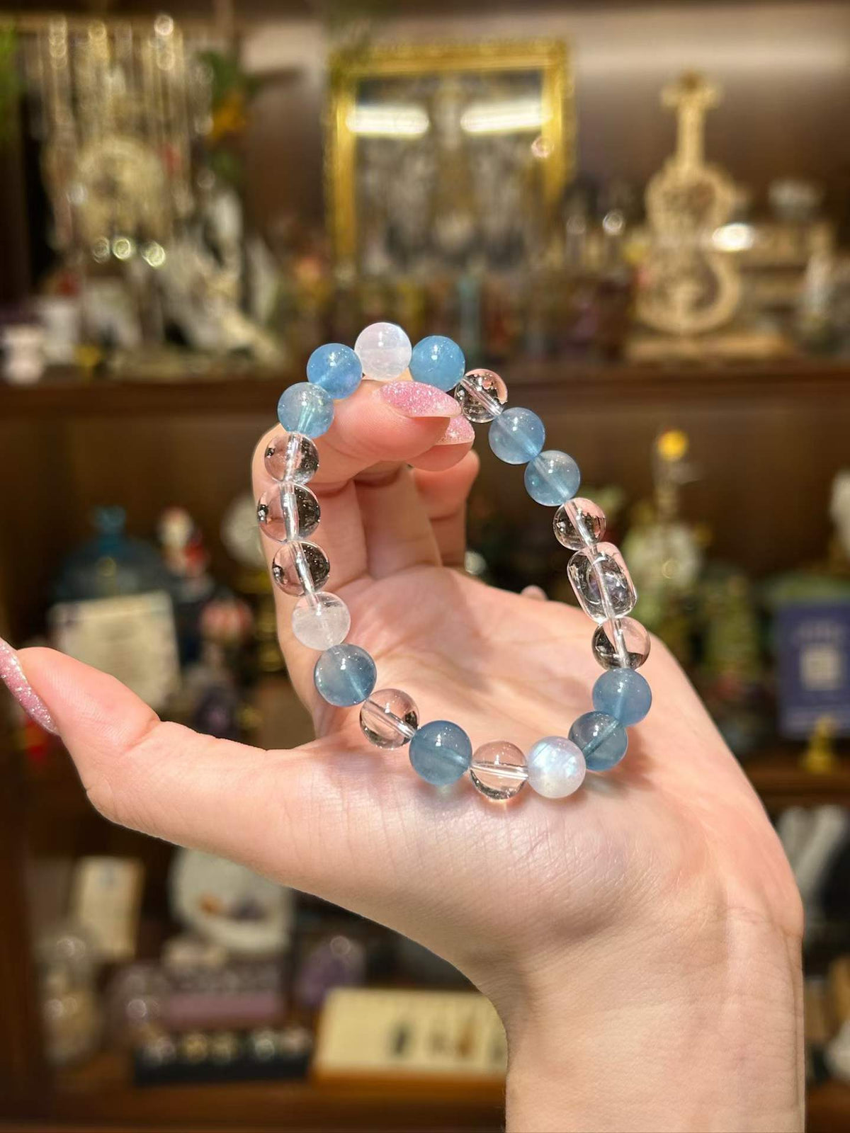 Moonlit Cove — Aquamarine, Clear Quartz & Blue Moonstone Bracelet