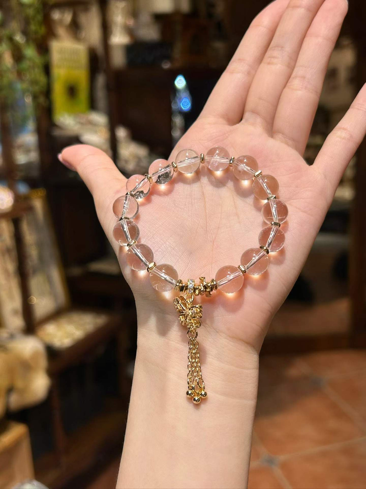 Clara — Clear Quartz Bow & Tassel Bracelet