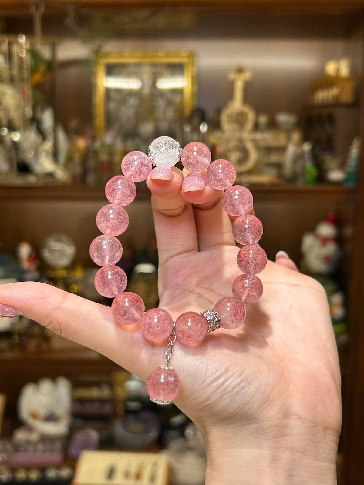 Heartfelt — Strawberry Quartz & White Azeztulite Charm Bracelet
