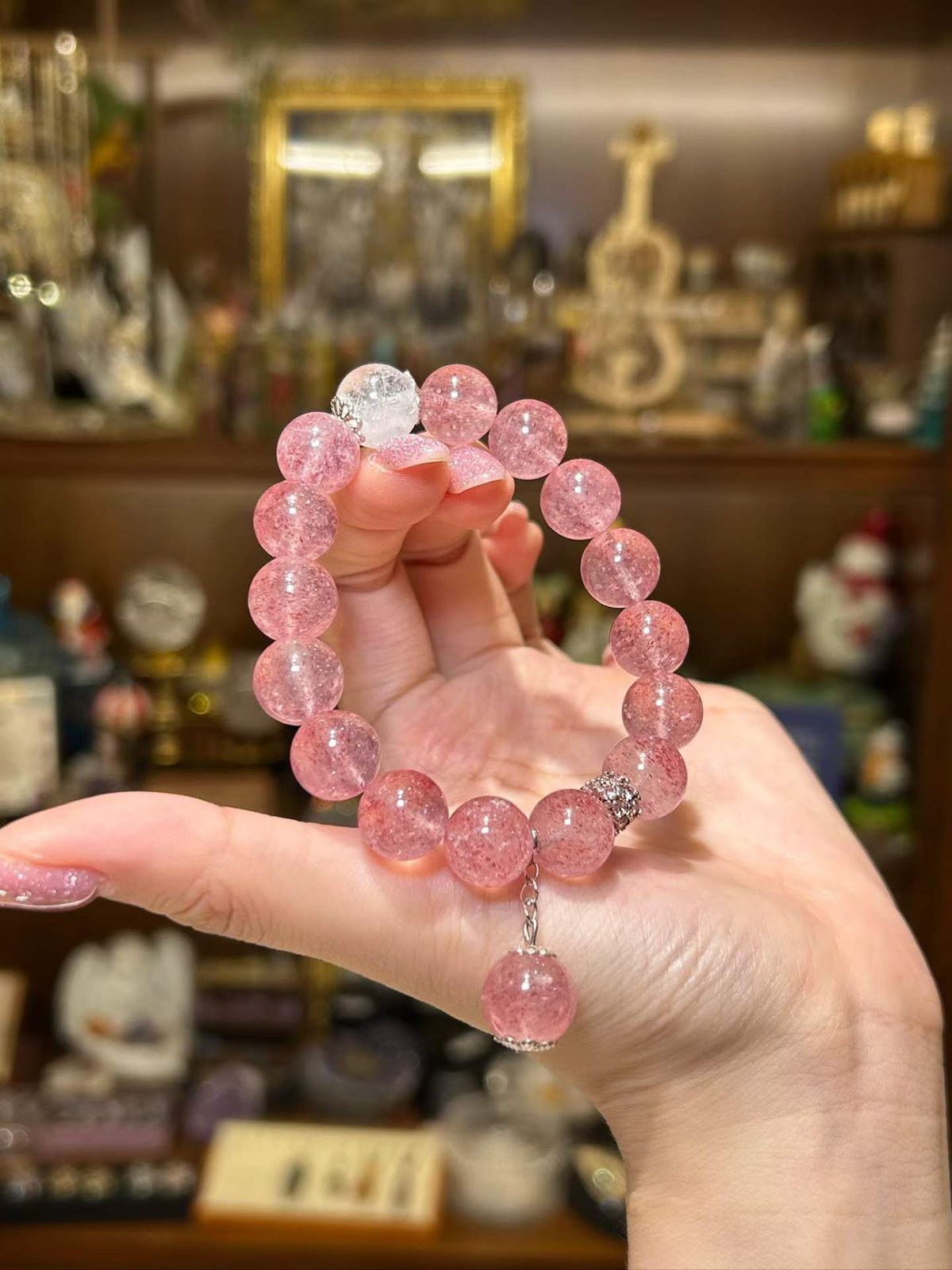 Heartfelt — Strawberry Quartz & White Azeztulite Charm Bracelet