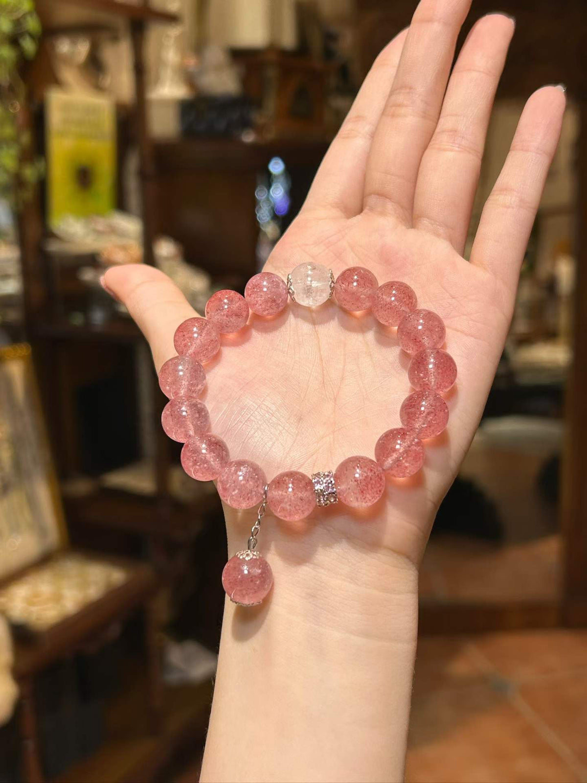 Heartfelt — Strawberry Quartz & White Azeztulite Charm Bracelet